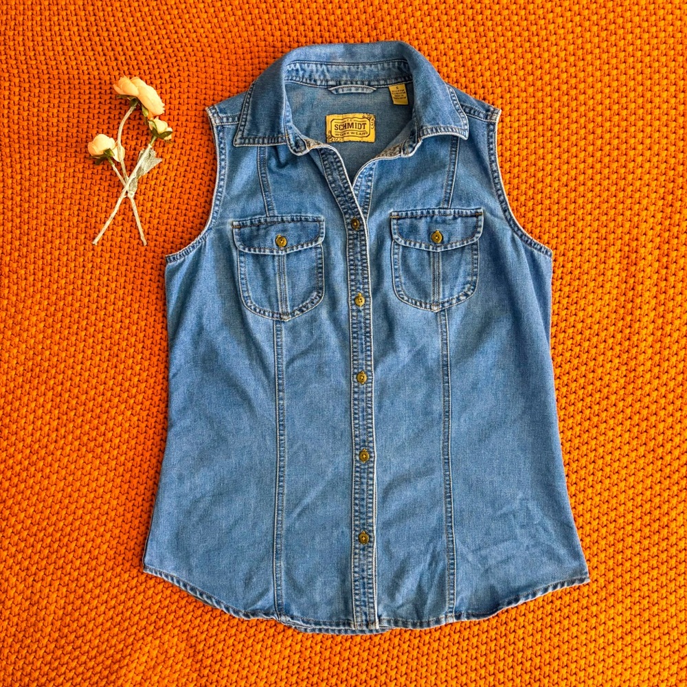 Denim Button Up Vest by CE Schmidt Workwear S Jean Vest Casual Top